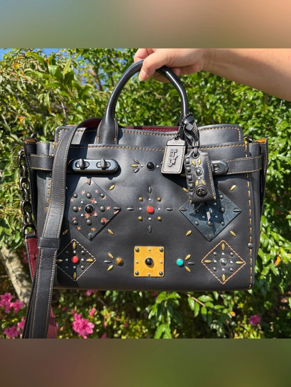 EUC Coach Double Swagger With Patchwork Prairie Rivets 25475